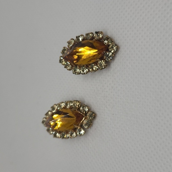 VINTAGE Elegant Gold Tone 80's Amber & Crystal Color Clip-on Earrings - Picture 6 of 14